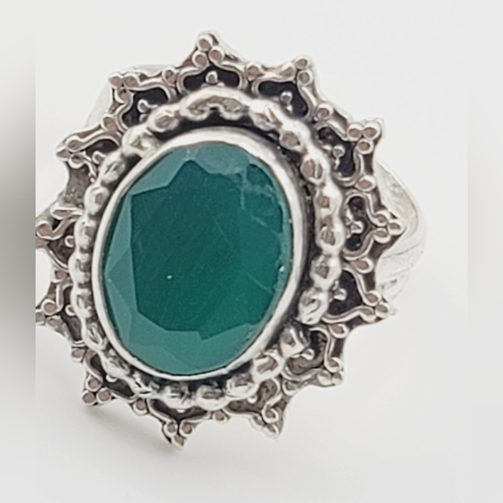 GREEN ONYX CRYSTAL VINTAGE LOOK RING HANDMADE IN STERLING SILVER SZ 7